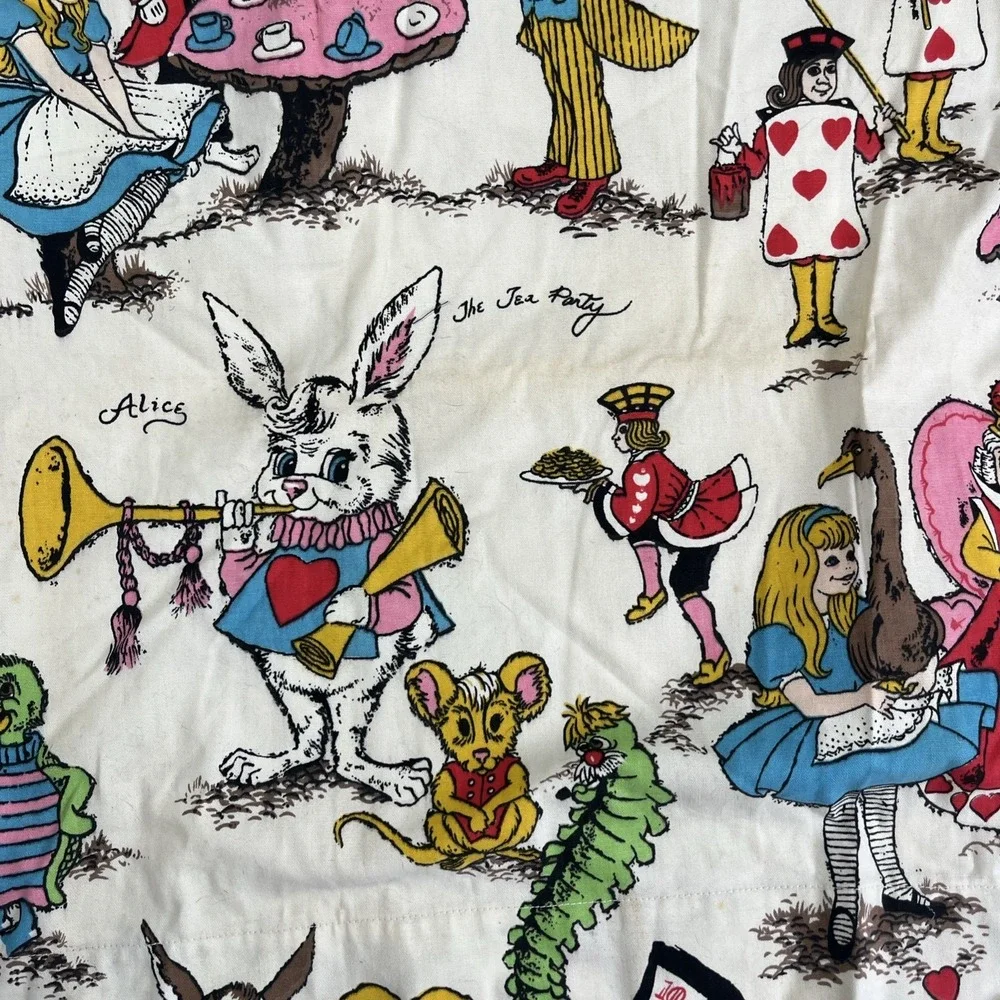 Vintage 1970s Alice in Wonderland Psychedelic Mad Hatter Tea Party Cotton Fabric